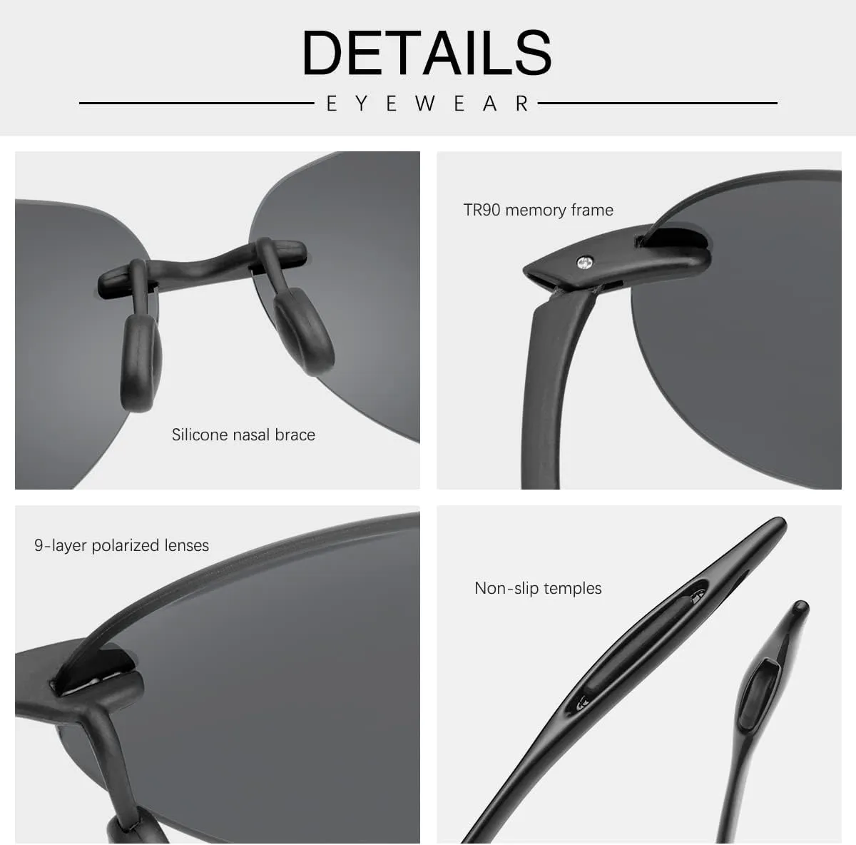 Polarized Sunglasses for Men and Women Rimless Frame Driving Glasses UV400 Protection Shades Sport Eyewear Eyeglasses