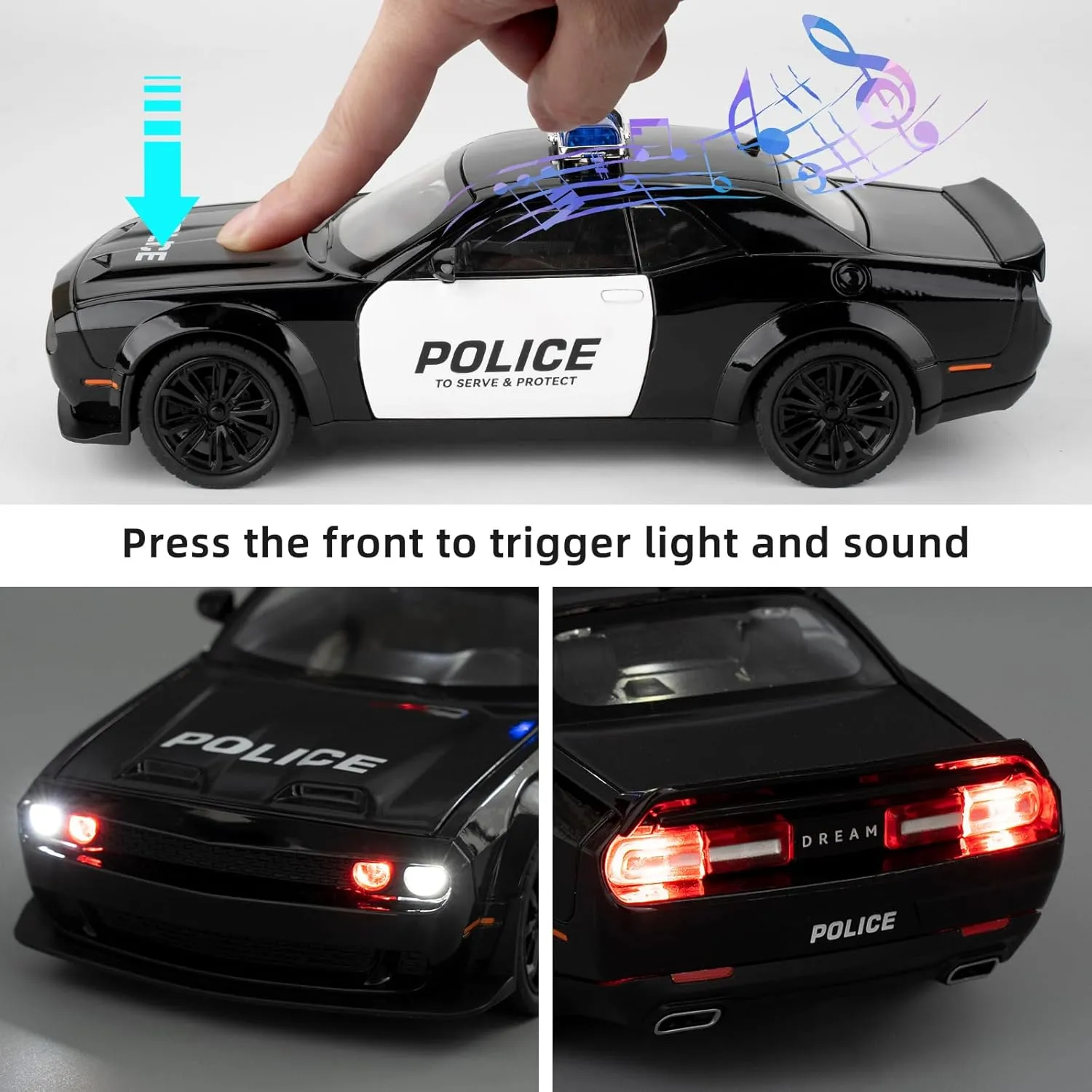 Police Car Model for Boys Age 3-12 1:22 Dodge Challenger SRT Hellcat Toy Diecast Collectible Toy with Lights and Sounds Decoration Model Car Toy Gift for Kidss 3 