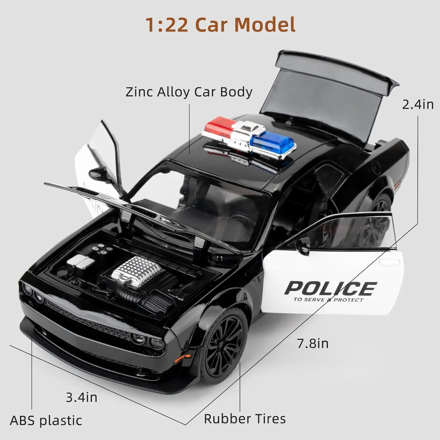 Police Car Model for Boys Age 3-12 1:22 Dodge Challenger SRT Hellcat Toy Diecast Collectible Toy with Lights and Sounds Decoration Model Car Toy Gift for Kidss 3 