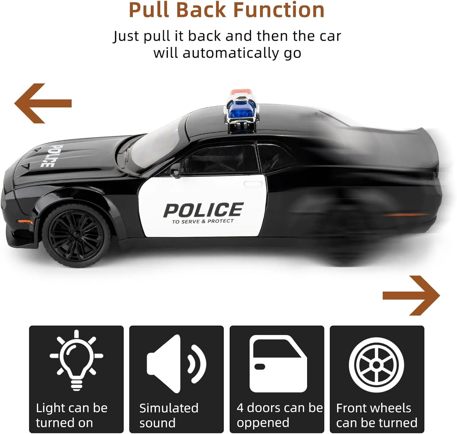 Police Car Model for Boys Age 3-12 1:22 Dodge Challenger SRT Hellcat Toy Diecast Collectible Toy with Lights and Sounds Decoration Model Car Toy Gift for Kidss 3 