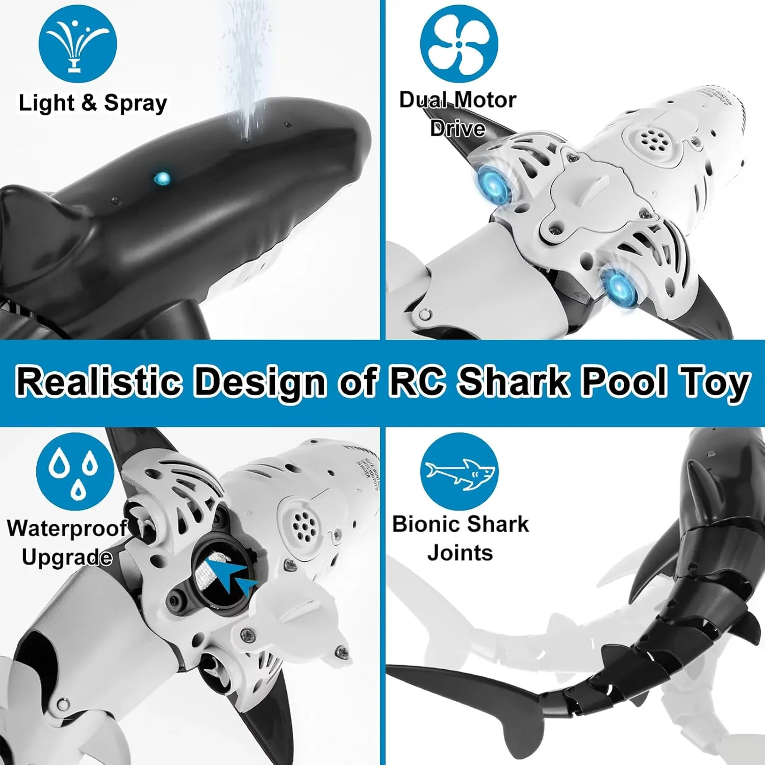 Pool Toy, Remote Control Shark Toy for Boys, Bath Toy for Kids, High Simulation Shark RC Boat Boy Toy with Light & Spray Water, Gift for 6  Year Old Boys Girls, Black