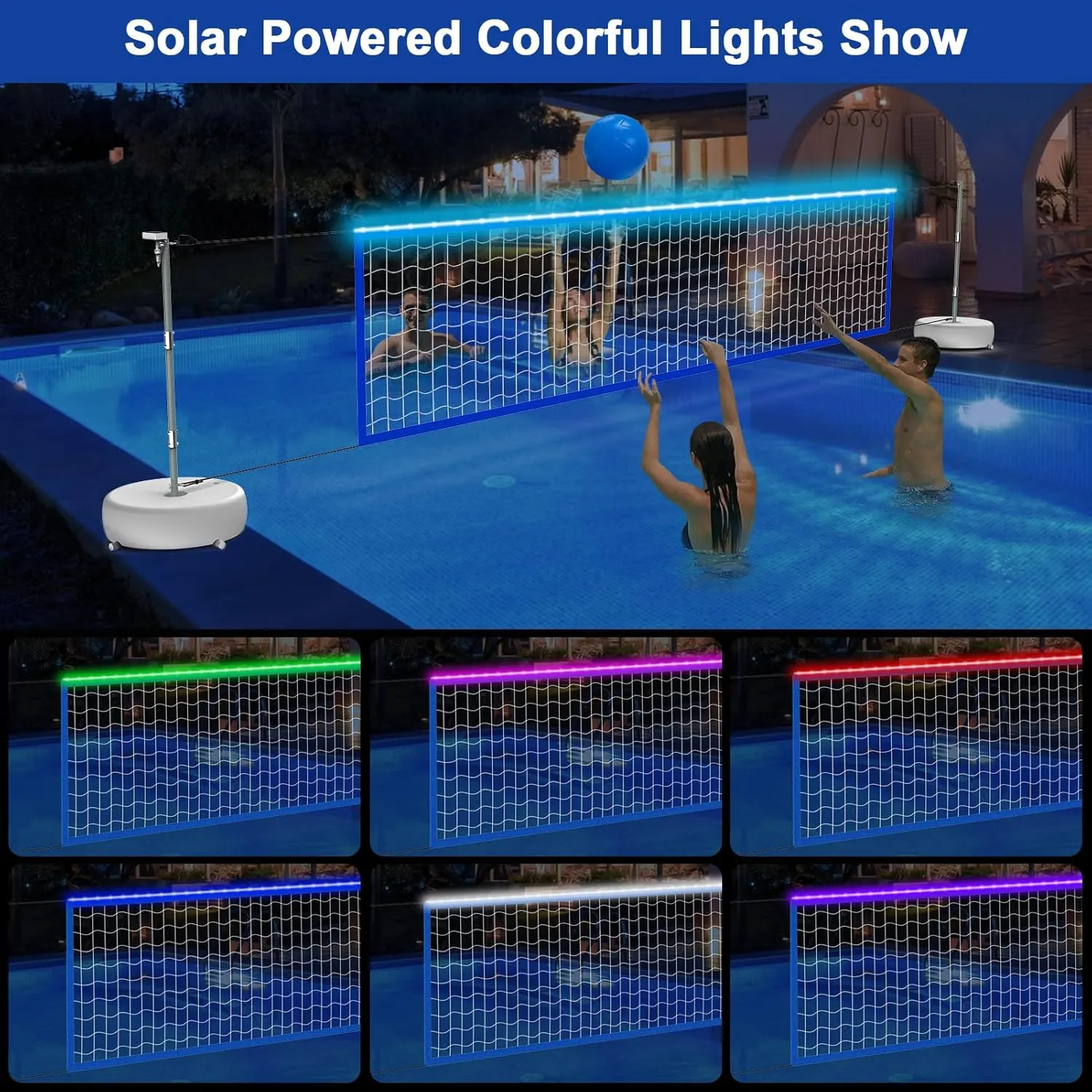 Pool Volleyball Net Set with LED Lights, Solar Powered Volleyball Net with Adjustable 15ft-32ft Length for Inground Pools, Portable Water Volleyball Game Toy with 2 Balls & Pump for Pool Entertainment