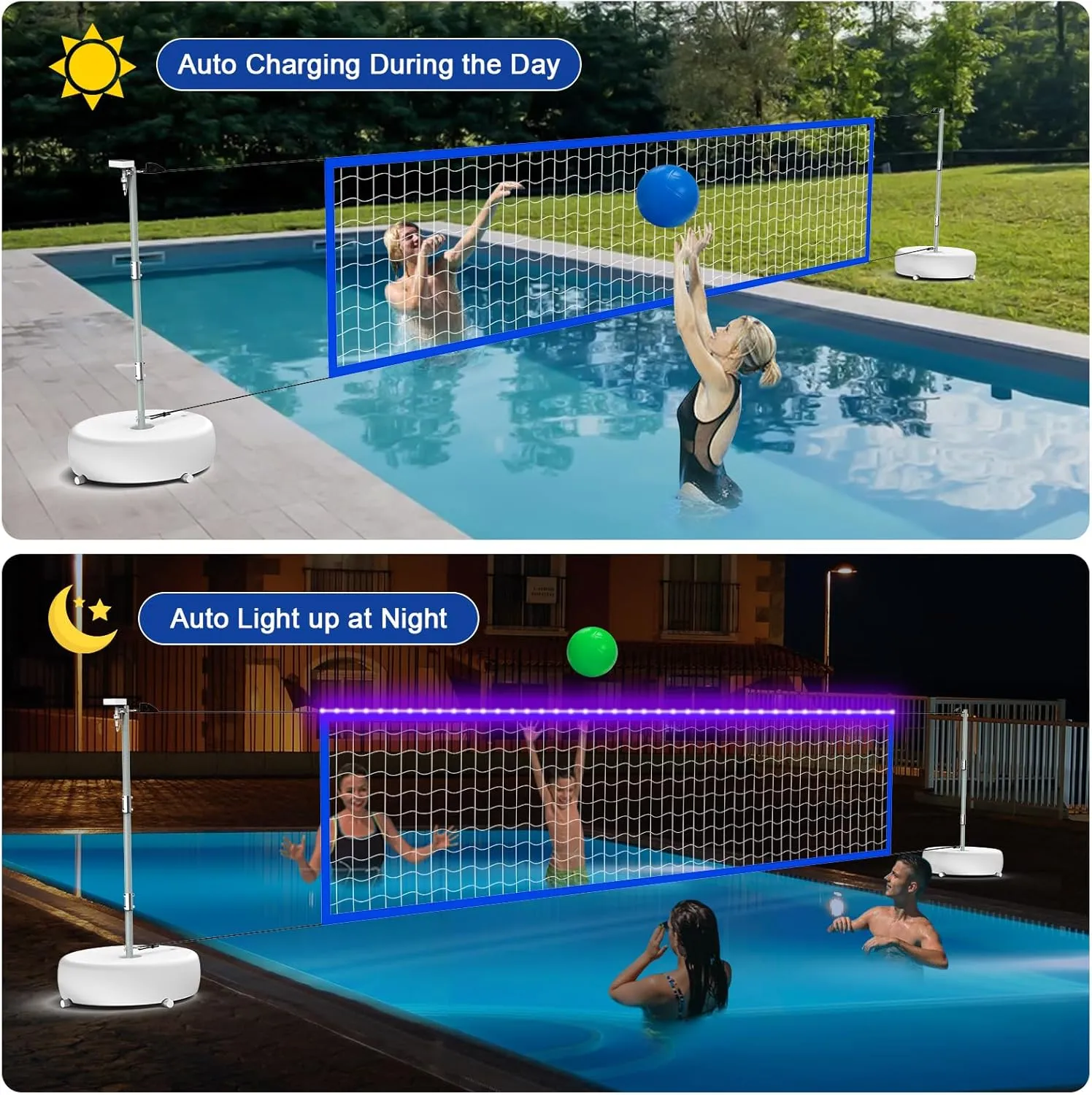 Pool Volleyball Net Set with LED Lights, Solar Powered Volleyball Net with Adjustable 15ft-32ft Length for Inground Pools, Portable Water Volleyball Game Toy with 2 Balls & Pump for Pool Entertainment