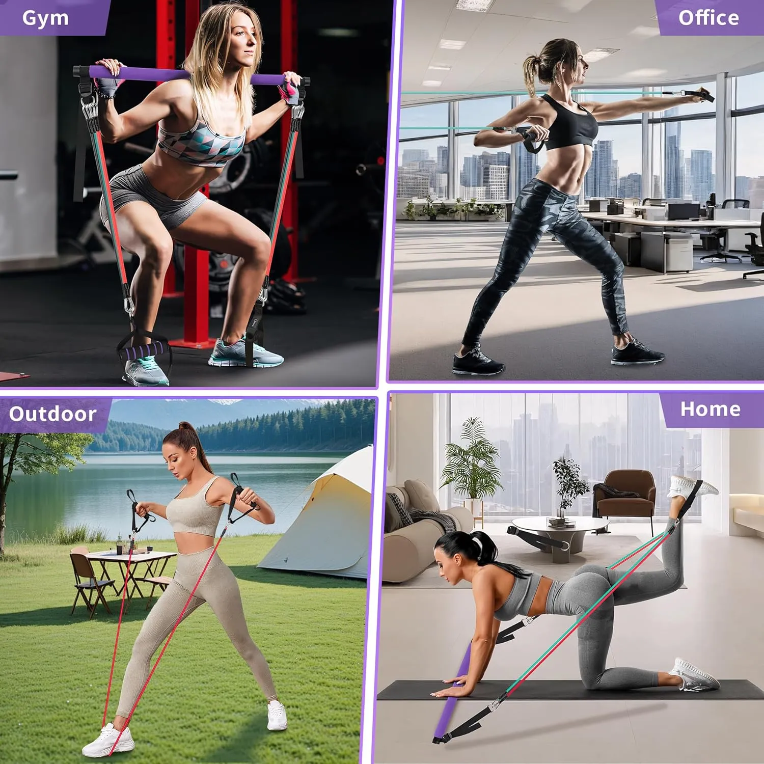 Portable Pilates Bar Kit with Resistance Bands for Men and Women - 3 Set Exercise Resistance Bands - Multifunctional Home Gym - Supports Full-Body Workouts – with Fitness Poster and Video