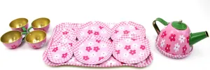 PowerTRC Flower Springtime Children's Kid's Full Metal Durable Pretend Play Toy Tea Set w/ Cups, Tea Pot, Plates, Tray