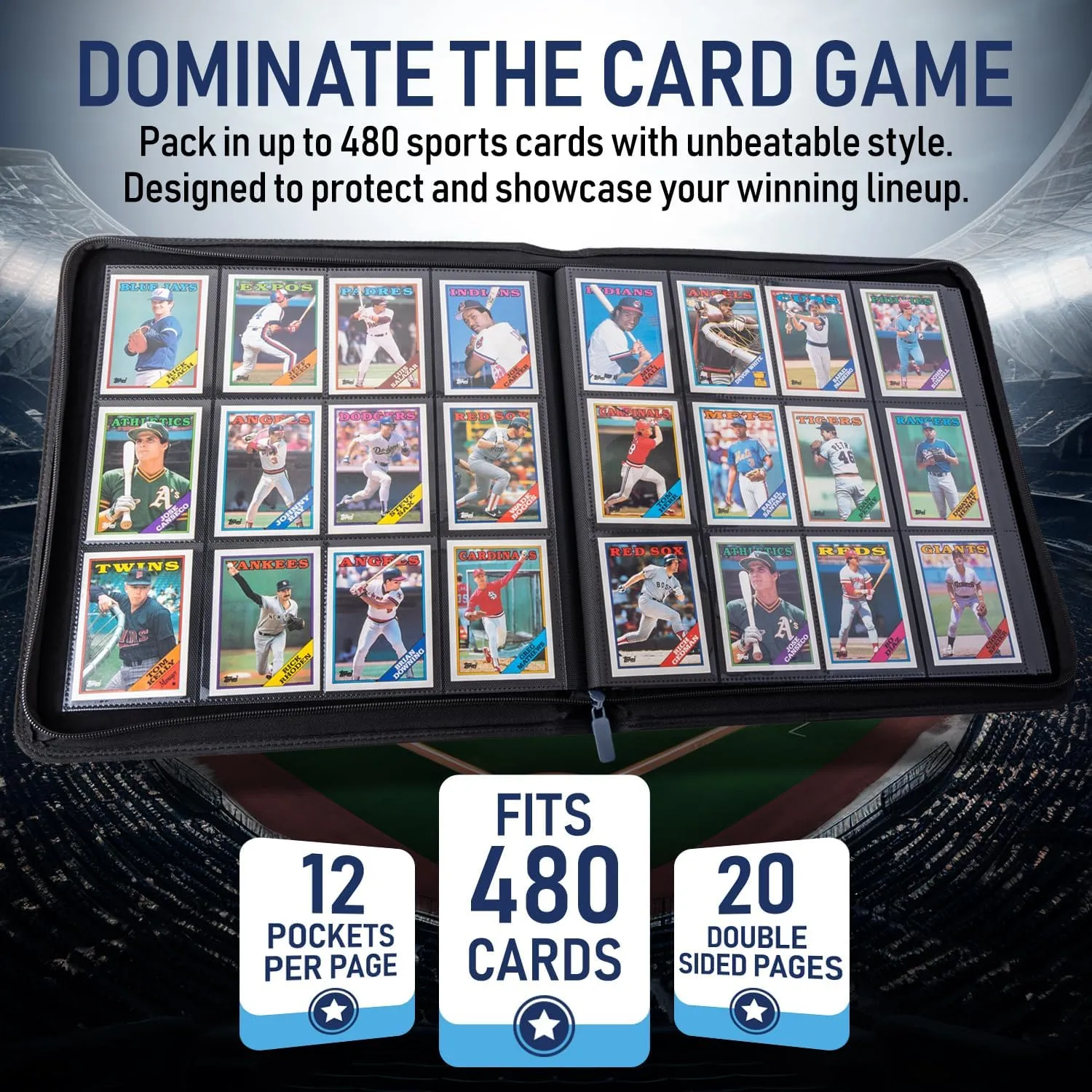 Premium TCG Card Binder For 480 Side Loading Pockets | Sports Trading Card Binder 12 Pocket, Trading & Magic Cards Binders Zipper, Collectible MTG & Baseball Cards Binders Sleeves, Collector Holder.