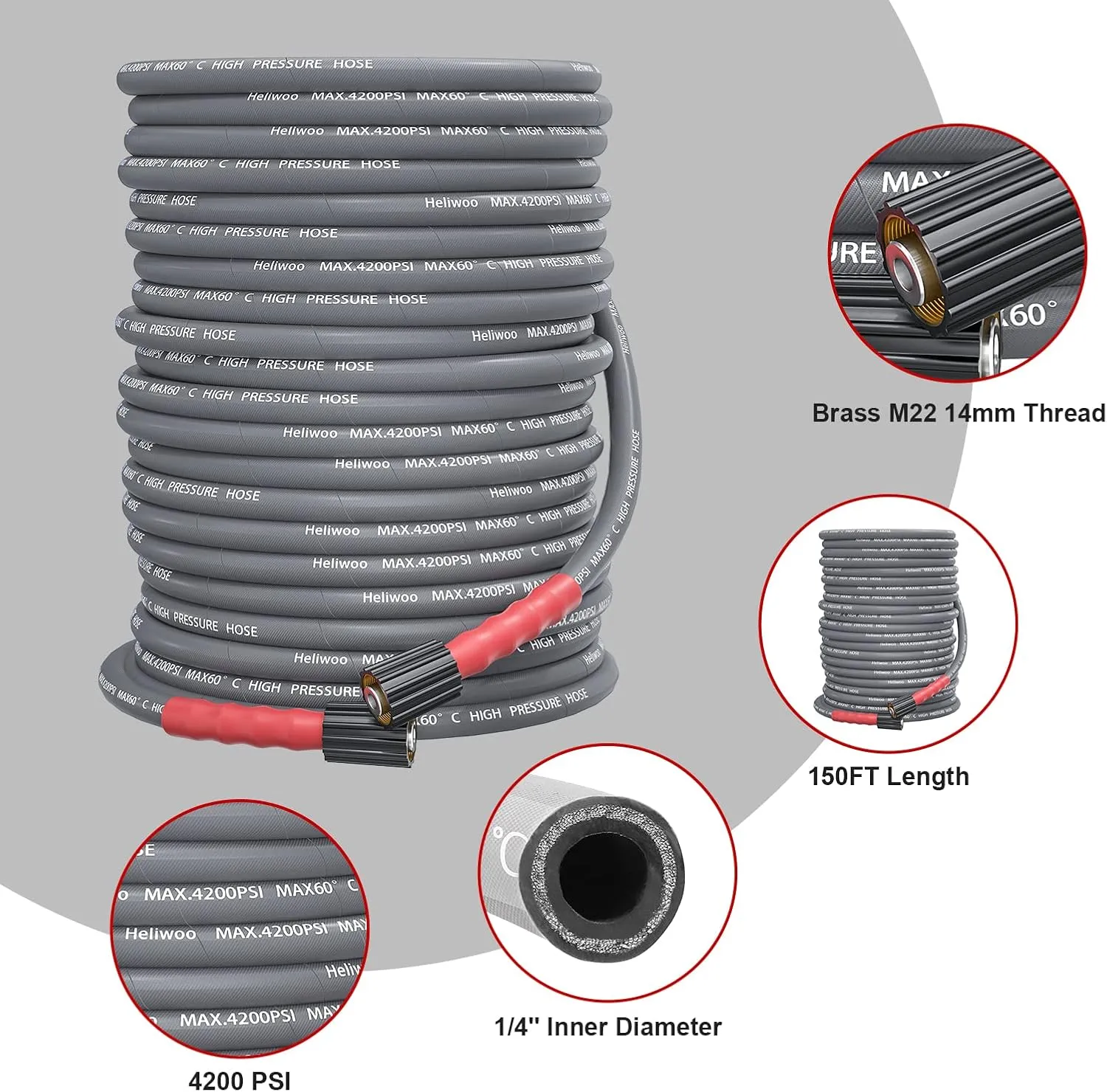 Pressure Washer Hose 150ft, 1/4 Inch Kink Resistant Power Washer Extension Hose, Flexible Heavy Duty Replacement Hose, Compatible with M22 14mm Fittings, High Tensile Wire Braid - 4200 PSI