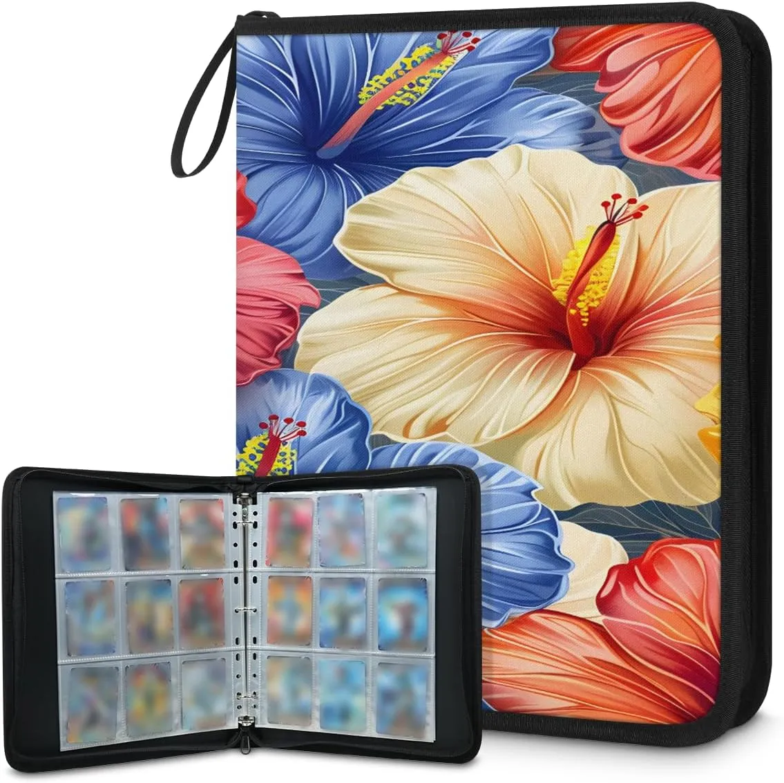 Pretty Flowers 3 Ring Trading Zipper Binder Strap, Trading Card Binder 4 Pocket, 400 Pockets Card Holder with 50 Removable Sleeves for Game Cards