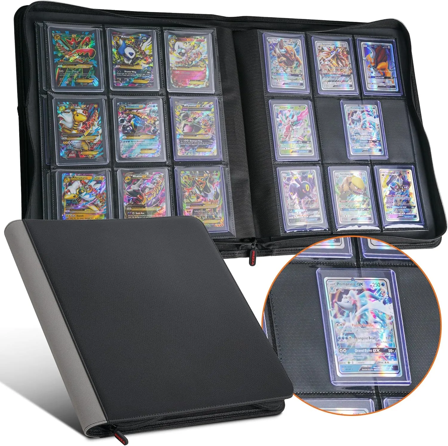 PREZA Toploader Binder - Holds 216 Top Loaders - 9 Pocket Trading Card Storage with Double Sided Sleeves for TGC and Sports 3" x 4" Top Loaded Trading Cards (Black)