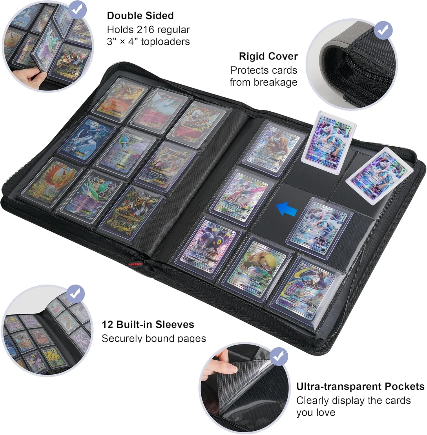 PREZA Toploader Binder - Holds 216 Top Loaders - 9 Pocket Trading Card Storage with Double Sided Sleeves for TGC and Sports 3" x 4" Top Loaded Trading Cards (Black)