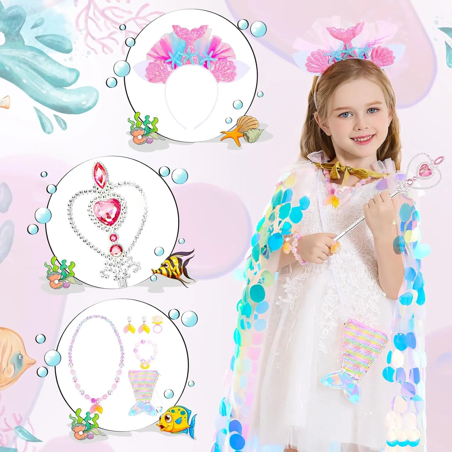 Princess Dress Up Toys Princess Dress Up Clothes Rainbow Mermaid Cape Kit 9 Pcs Gift Set for Little Girls 3-8 Years