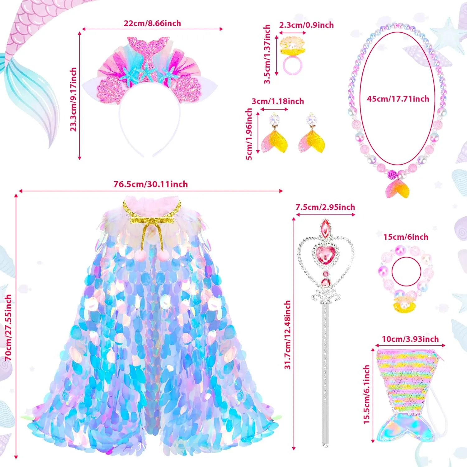 Princess Dress Up Toys Princess Dress Up Clothes Rainbow Mermaid Cape Kit 9 Pcs Gift Set for Little Girls 3-8 Years