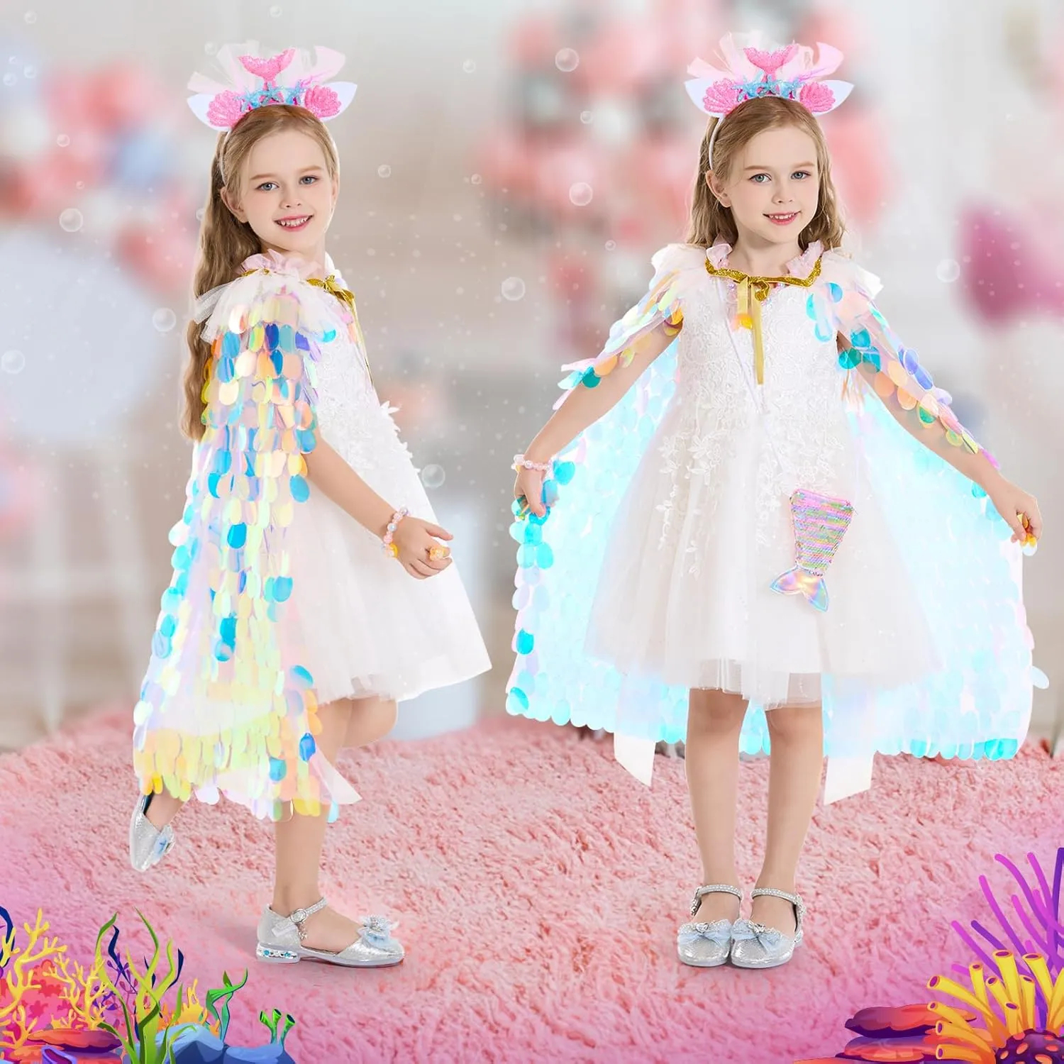 Princess Dress Up Toys Princess Dress Up Clothes Rainbow Mermaid Cape Kit 9 Pcs Gift Set for Little Girls 3-8 Years