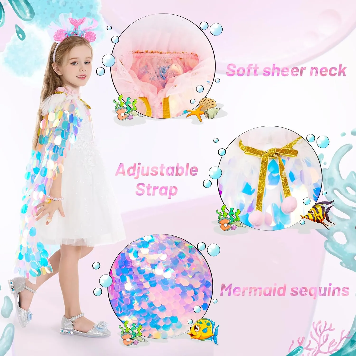 Princess Dress Up Toys Princess Dress Up Clothes Rainbow Mermaid Cape Kit 9 Pcs Gift Set for Little Girls 3-8 Years