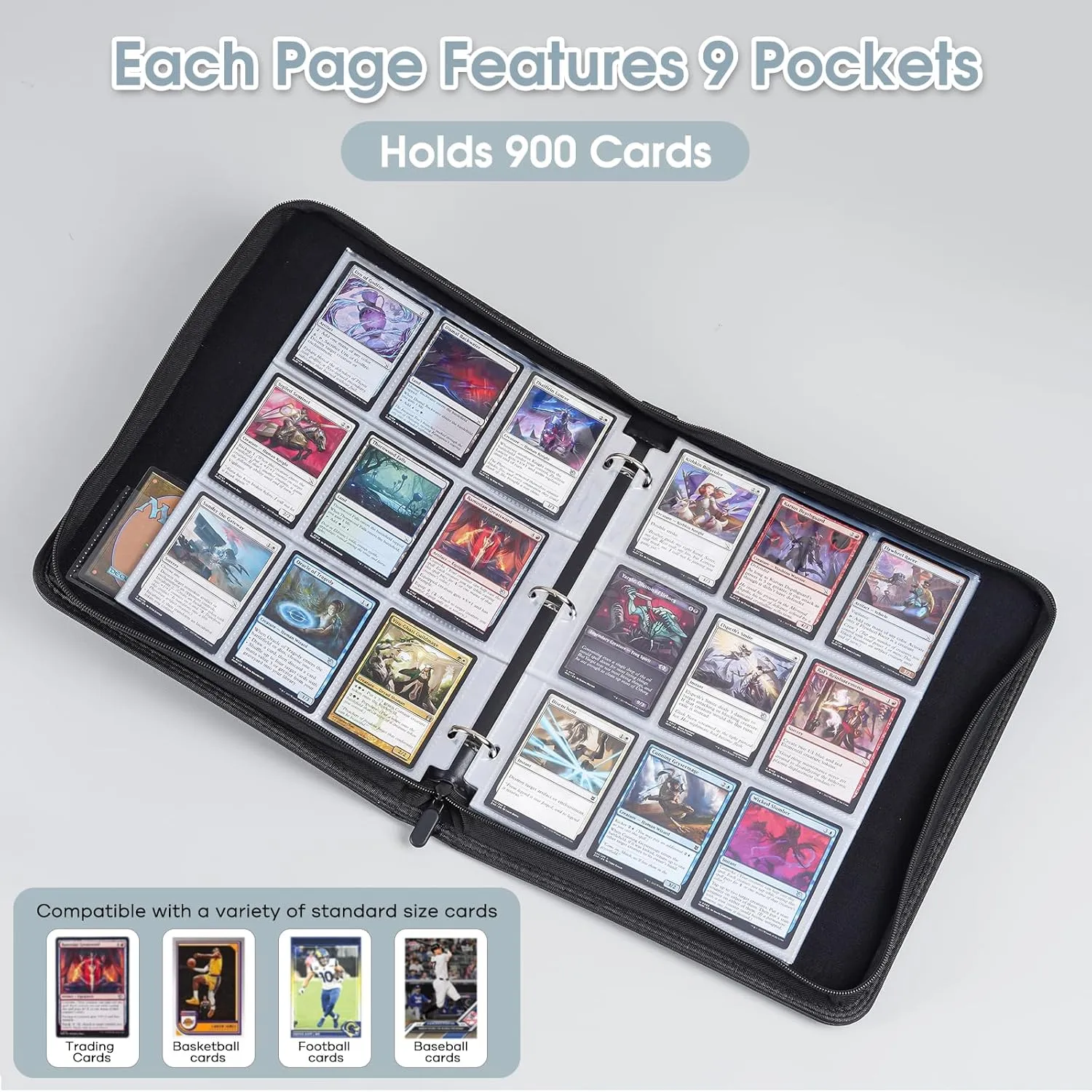 ProCase 900 Pockets Card Binder with Clear Window for Trading Cards, 9 Double Sided Pockets Cards Colletction Album Holder with Removable Sleeves for MTG, TCG, Sports Cards, Football Cards -Black