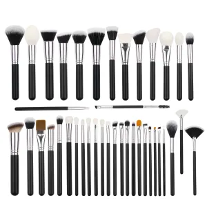 Professional Makeup Brush Set, 40 pcs, advanced synthetic hair brush head, shiny and smooth black wood handle and silver aluminum hoop