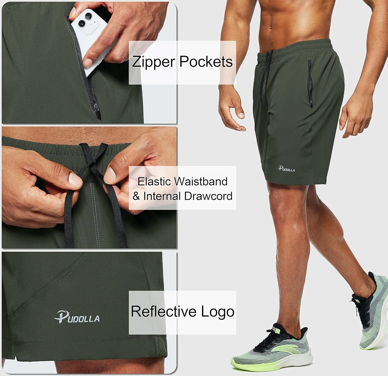 Pudolla Men's Workout Running Shorts 7"/5"/9" Lightweight Gym Athletic Shorts for Men with Zipper Pockets