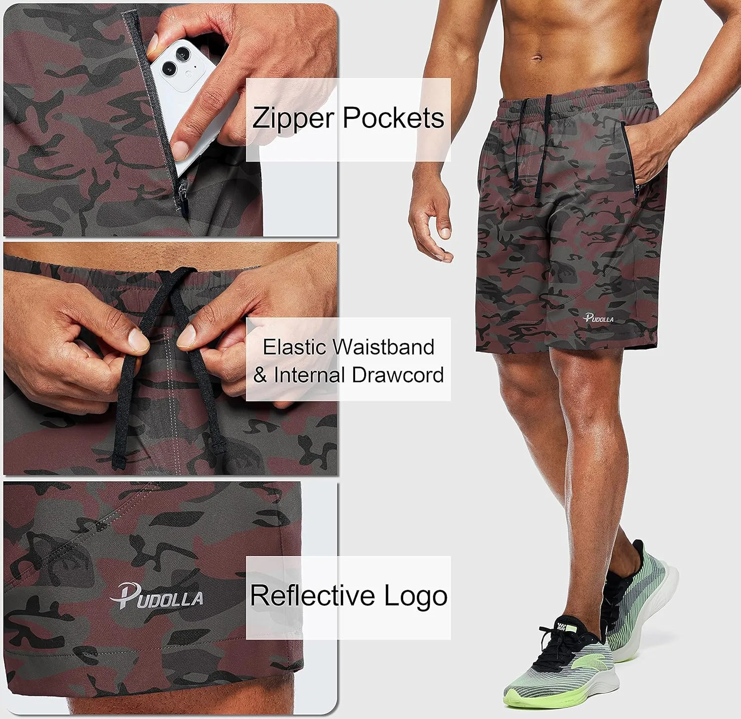 Pudolla Men's Workout Running Shorts 7"/5"/9" Lightweight Gym Athletic Shorts for Men with Zipper Pockets