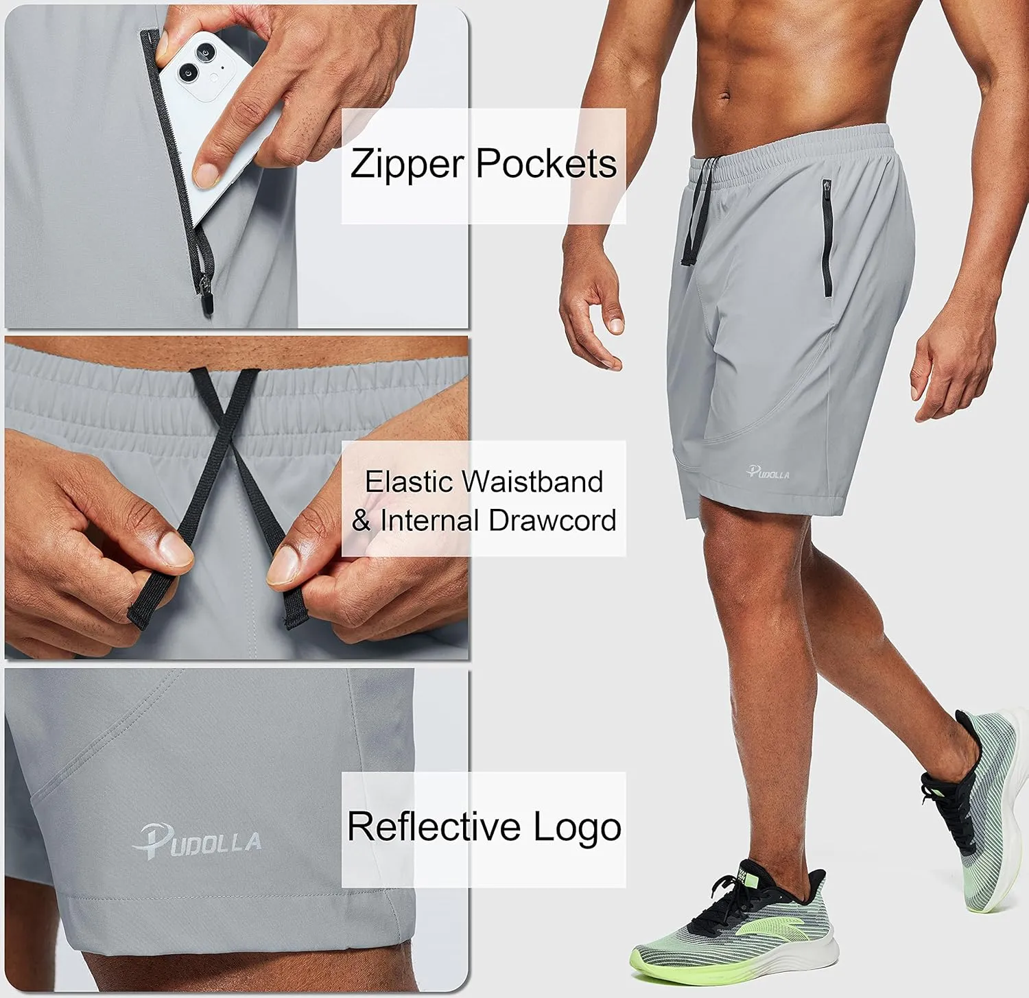Pudolla Men's Workout Running Shorts 7"/5"/9" Lightweight Gym Athletic Shorts for Men with Zipper Pockets