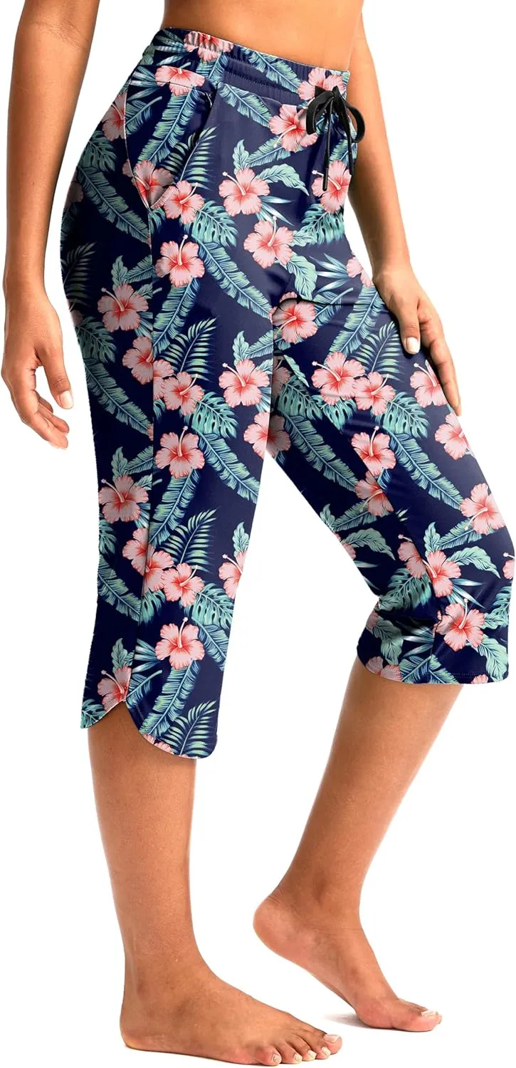 Pudolla Women's Swim Capris 18" Quick Dry UPF50  Swimsuit Pants Long Board Shorts for Women with Pockets