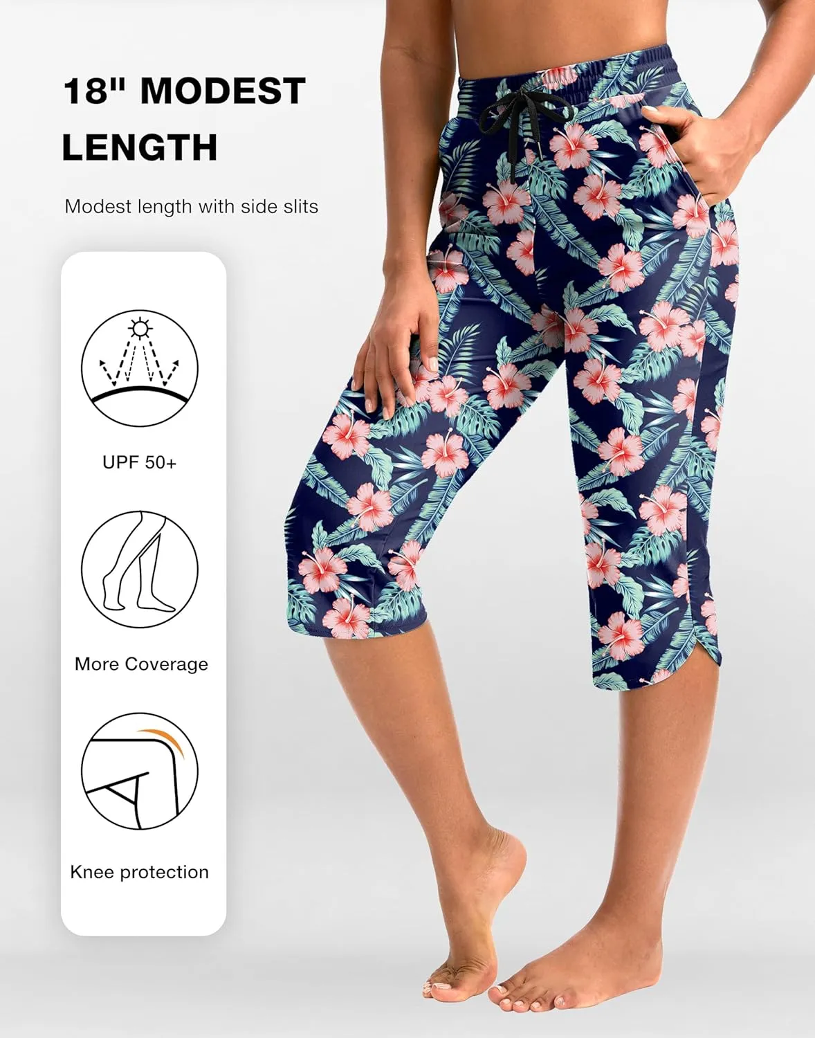 Pudolla Women's Swim Capris 18" Quick Dry UPF50  Swimsuit Pants Long Board Shorts for Women with Pockets