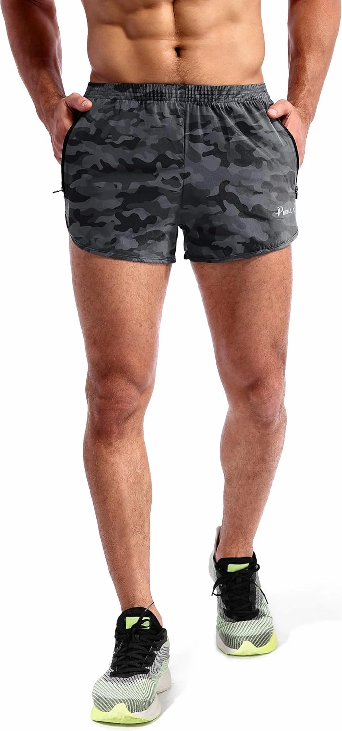 Pudolla Men’s Running Shorts 3 Inch Quick Dry Gym Athletic Workout Shorts for Men with Zipper Pockets