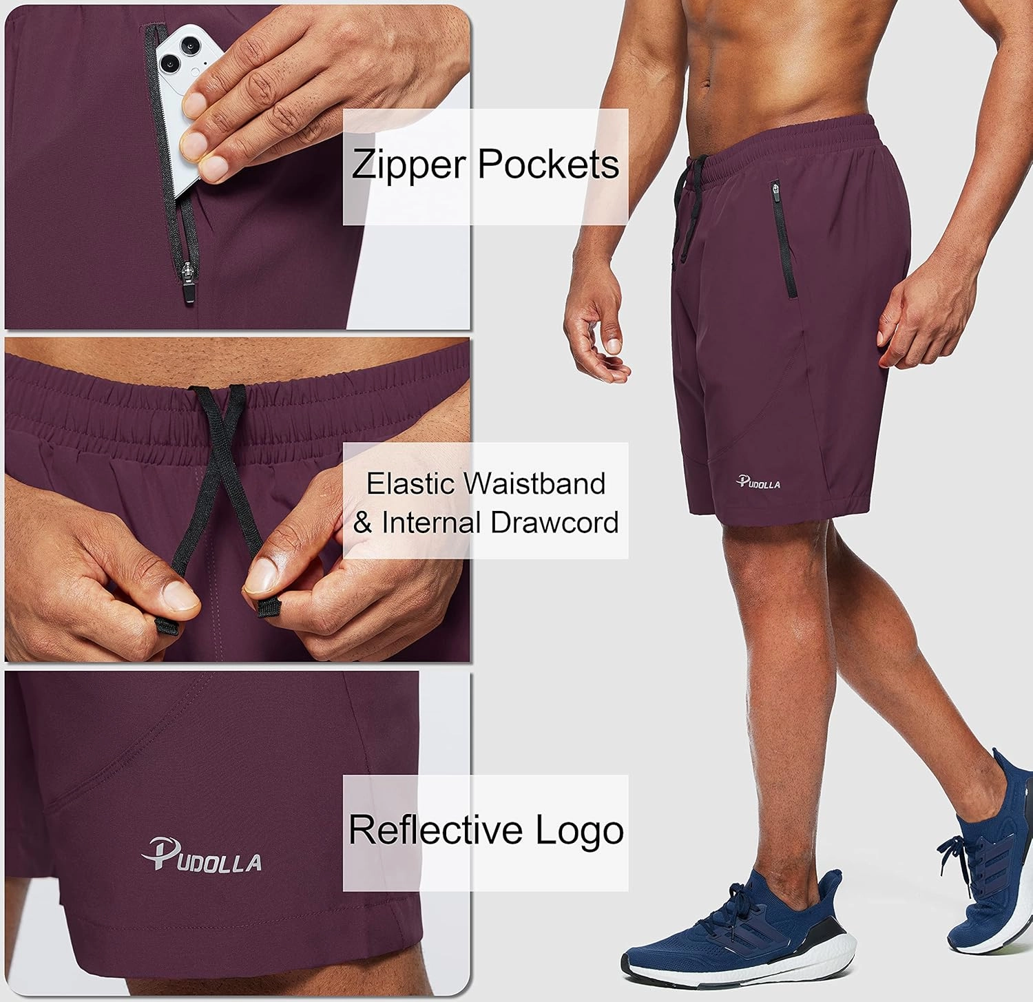 Pudolla Men's Workout Running Shorts 7"/5"/9" Lightweight Gym Athletic Shorts for Men with Zipper Pockets