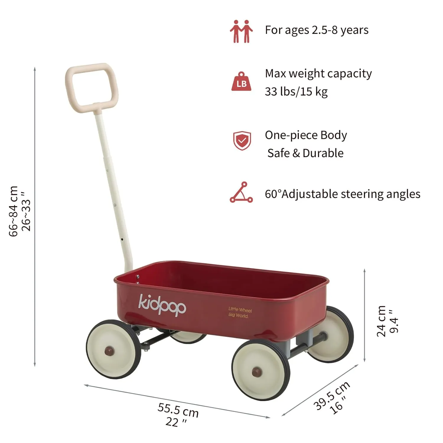 PULA-Wild 2-in-1 Kids' Pull-Along Wagon Toddlers Push Walker for 2.5-8 Adjustable Handlebar, Birthday Gifts Max Weight 33 lbs (Red)