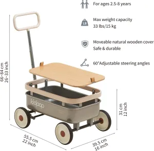 PULA-Wild 3-in-1 Kids' Pull-Along Wagon Toddlers Push Walker for 2.5-8, Removable Wooden Cover and Adjustable Handlebar, Birthday Gifts Max Weight 33 lbs (Grey)