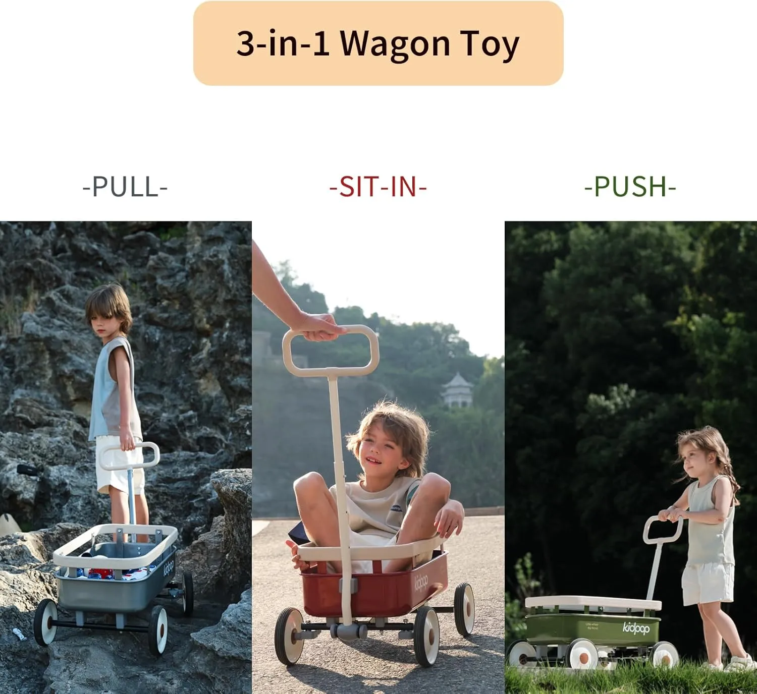PULA-Wild 3-in-1 Kids' Pull-Along Wagon Toddlers Push Walker for 2.5-8, Removable Wooden Cover and Adjustable Handlebar, Birthday Gifts Max Weight 33 lbs (Grey)