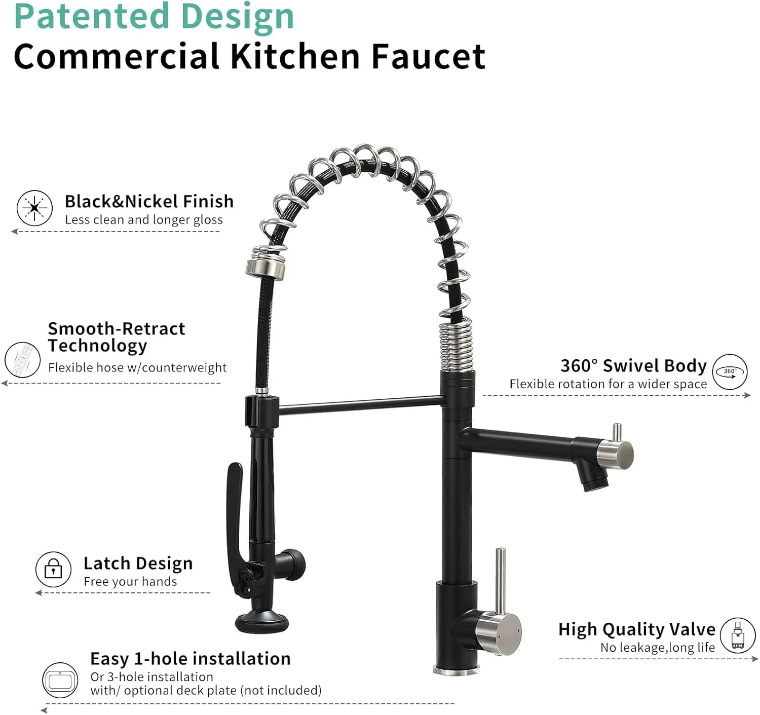 Pull Down Kitchen Faucet with Sprayer,Fapully Commercial Matte Black&Brushed Nickel Kitchen Sink Faucets