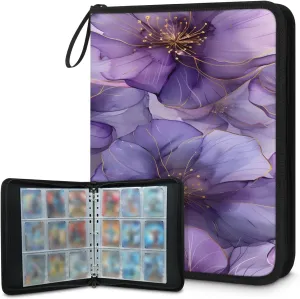 Purple Flowers 3 Ring Trading Zipper Binder Strap, Trading Card Binder 4 Pocket, 400 Pockets Card Holder with 50 Removable Sleeves for Game Cards