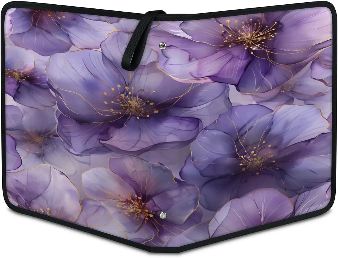 Purple Flowers 3 Ring Trading Zipper Binder Strap, Trading Card Binder 4 Pocket, 400 Pockets Card Holder with 50 Removable Sleeves for Game Cards