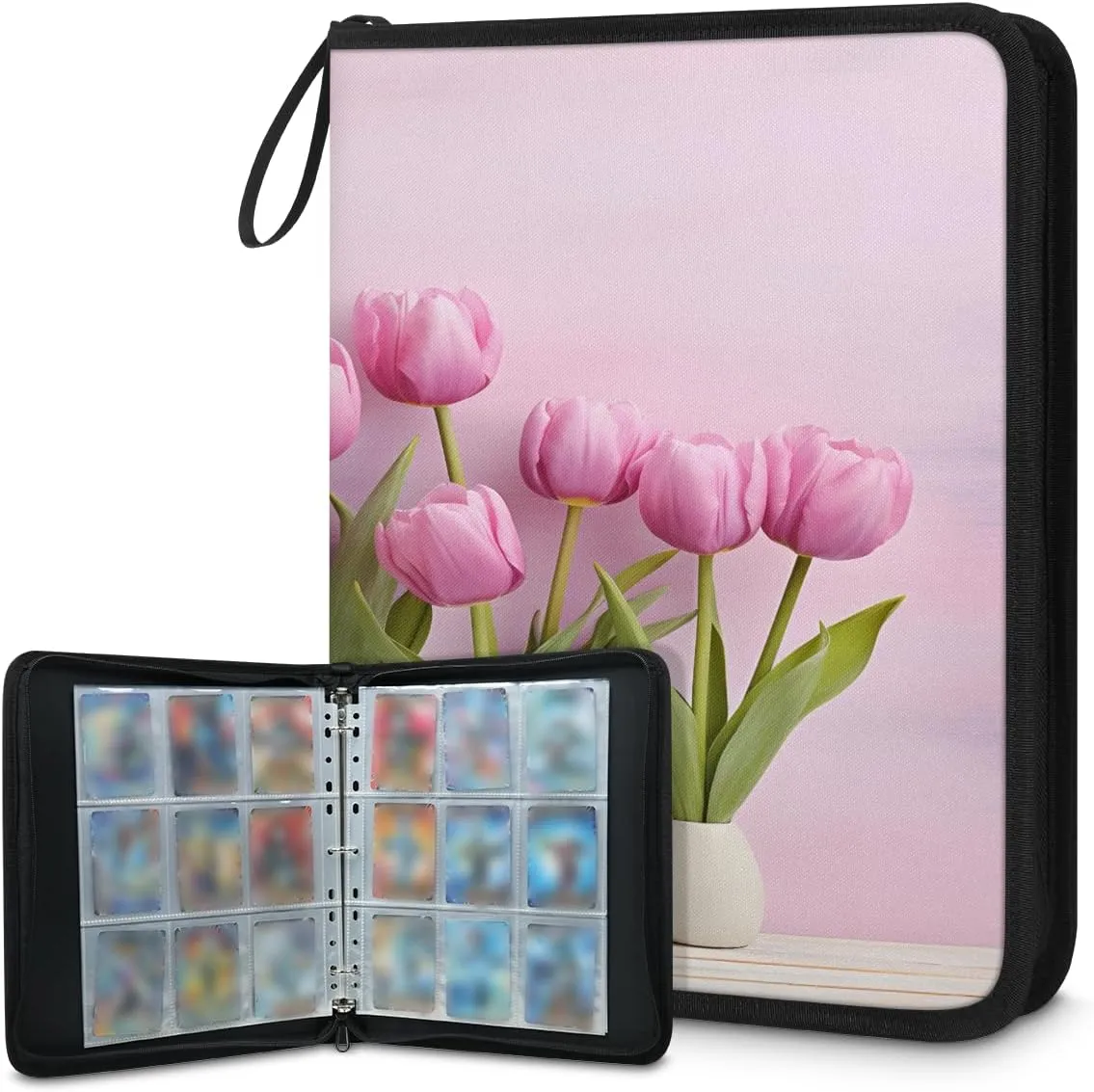Purple Tulips 3 Ring Trading Zipper Binder Strap, Trading Card Binder 4 Pocket, 400 Pockets Card Holder with 50 Removable Sleeves for Game Cards