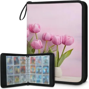 Purple Tulips 3 Ring Trading Zipper Binder Strap, Trading Card Binder 4 Pocket, 400 Pockets Card Holder with 50 Removable Sleeves for Game Cards