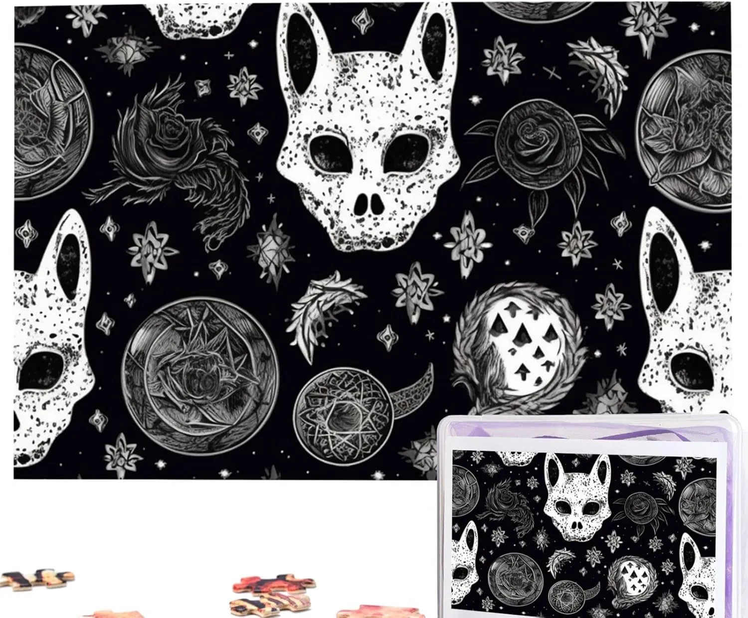 Puzzles 1000 Pieces Personalized Jigsaw Puzzles Skull Cat Moon Gothic Photo Puzzle Challenging Picture Puzzle for Adults Personaliz Jigsaw with Storage Bag (29.5" x 19.7")