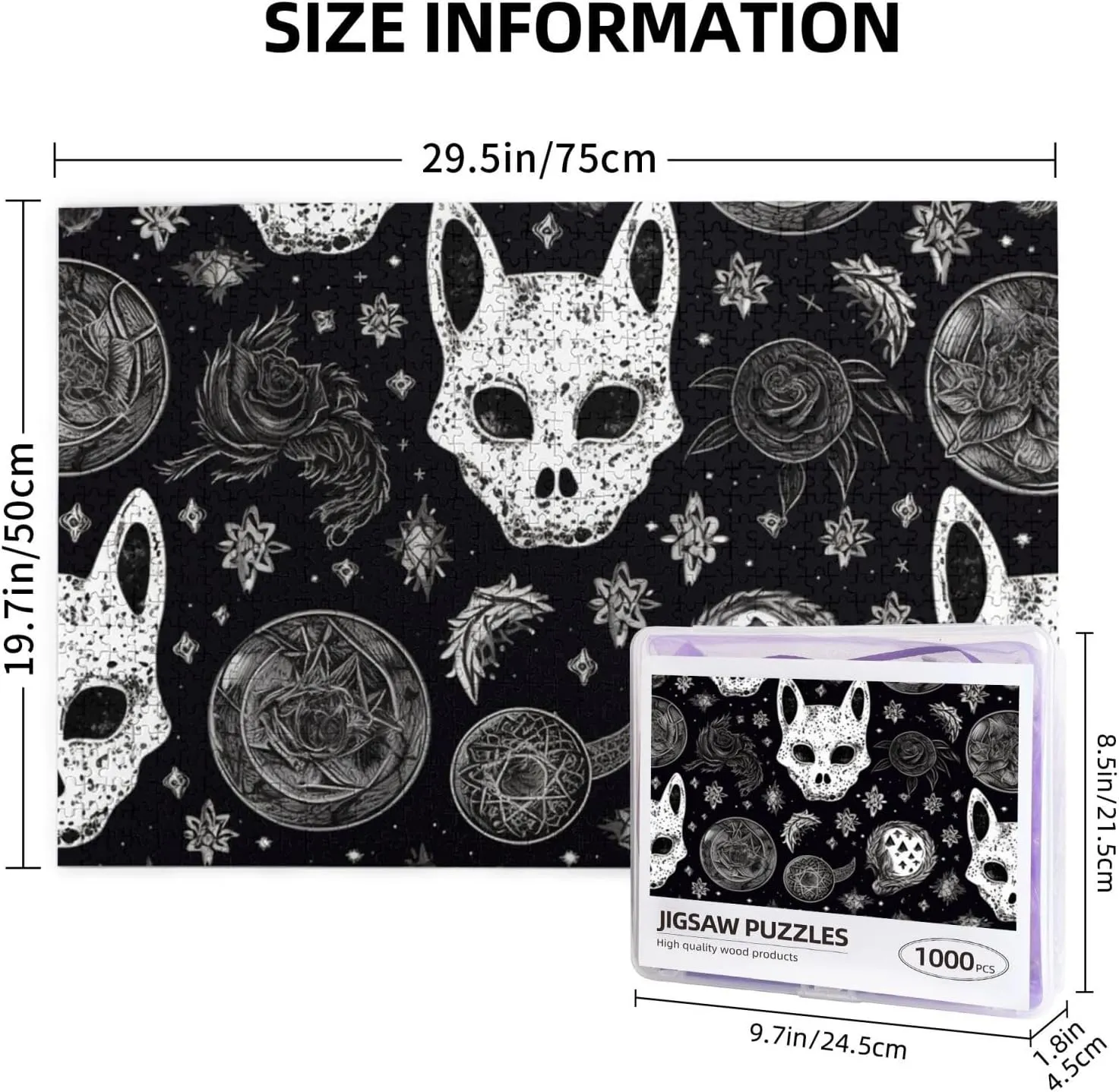 Puzzles 1000 Pieces Personalized Jigsaw Puzzles Skull Cat Moon Gothic Photo Puzzle Challenging Picture Puzzle for Adults Personaliz Jigsaw with Storage Bag (29.5" x 19.7")