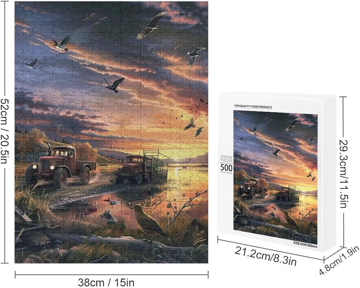 Puzzles for Adults 500 Pieces - Tractor Sunset Lake Vehicle Best Challenging Puzzles for Cognitive Workout - Safe Eco-Friendly - Most Popular Leisure Activities