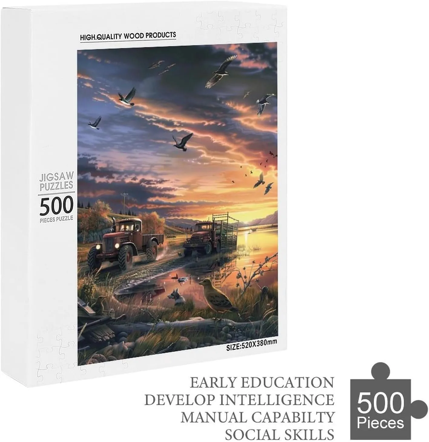 Puzzles for Adults 500 Pieces - Tractor Sunset Lake Vehicle Best Challenging Puzzles for Cognitive Workout - Safe Eco-Friendly - Most Popular Leisure Activities