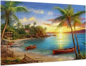 Puzzles for Adults and Family 1000 Pieces Jigsaw Puzzles Hawaii Scenery Ocean Beach Coconut Tree Formation Wooden Challenging Puzzle Perfect for Game Nights 29.5'' x 19.6''