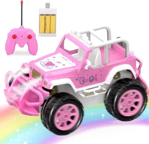 Qizebaby Remote Control Pink Car for Girls, RC Toy Car for Toddlers Age 3 , Rechargeable Off-Road Princess Vehicle Toy Truck with Light, Truck Toys for 3 4 5 6  Girls Kids Birthday Toy Gift