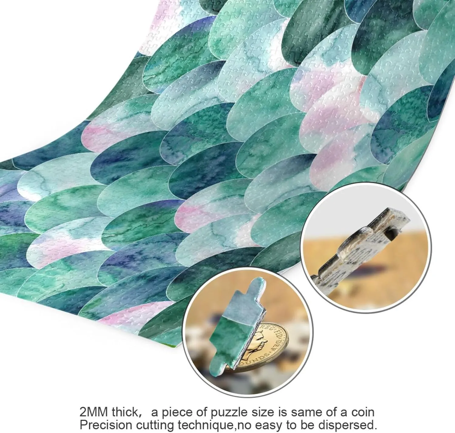 QUGRL Mermaid Fish Scale Jigsaw Puzzle 1000 Pieces for Adults Teens Mint Teal Watercolor DIY Wall Art Intellectual Decompressing Educational Fun Game