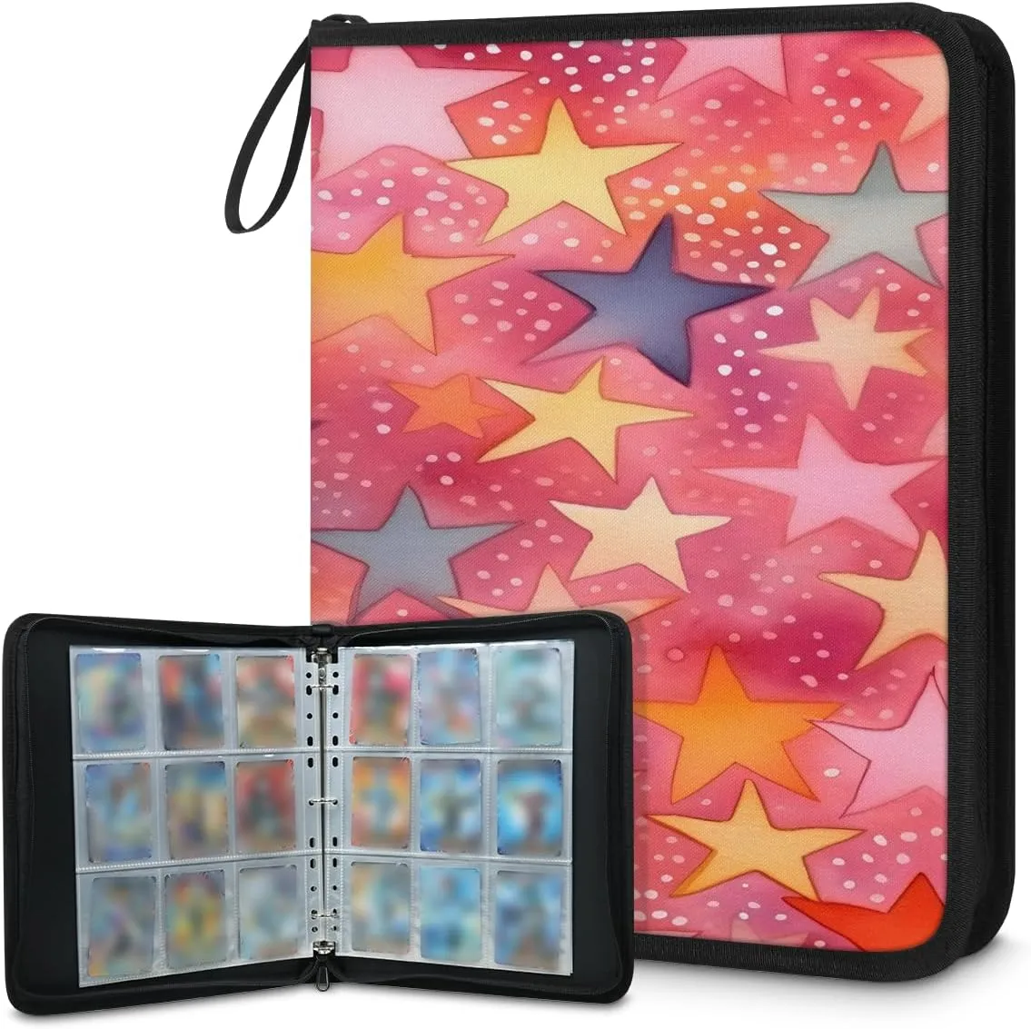 Quicksand Pentagram 3 Ring Trading Zipper Binder Strap, Trading Card Binder 9 Pocket, 900 Pockets Card Holder with 50 Removable Sleeves for Game Cards