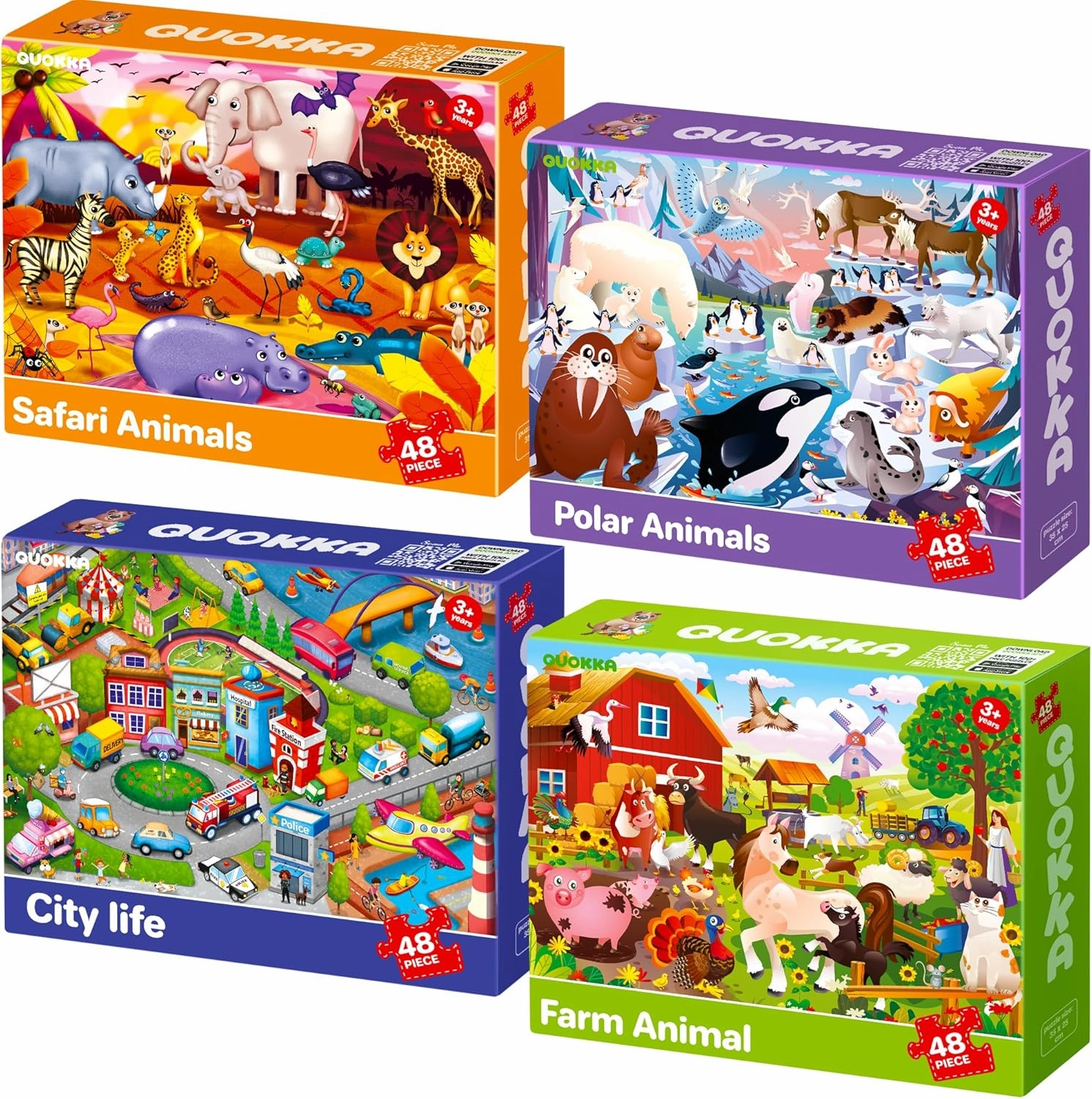 QUOKKA Puzzles for Toddlers 4-6 – 4 x 48 Pieces Jigsaw Puzzles for Kids Ages 3-5 – Learning Farm Animals for 2-4 – Jigsaw Game for Boy and Girl 3-5-7 Year Old