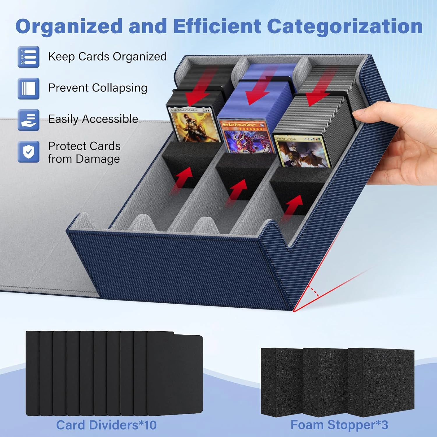QUVGO Trading Card Storage Box for 1800 , Leather Storage Box with Strong Closure, Card Box with 10 Dividers and 3 Foam Stoppers, Commander Deck Box Fit YuGiOh, MTG and Sport Cards, Navy Blue