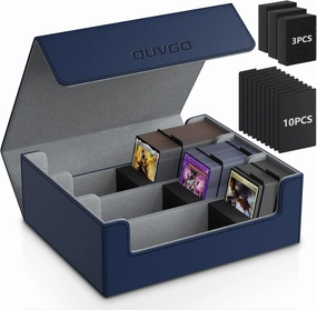 QUVGO Trading Card Storage Box for 1800 , Leather Storage Box with Strong Closure, Card Box with 10 Dividers and 3 Foam Stoppers, Commander Deck Box Fit YuGiOh, MTG and Sport Cards, Navy Blue