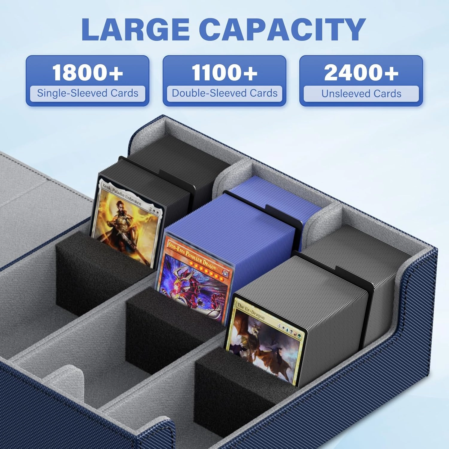 QUVGO Trading Card Storage Box for 1800 , Leather Storage Box with Strong Closure, Card Box with 10 Dividers and 3 Foam Stoppers, Commander Deck Box Fit YuGiOh, MTG and Sport Cards, Navy Blue