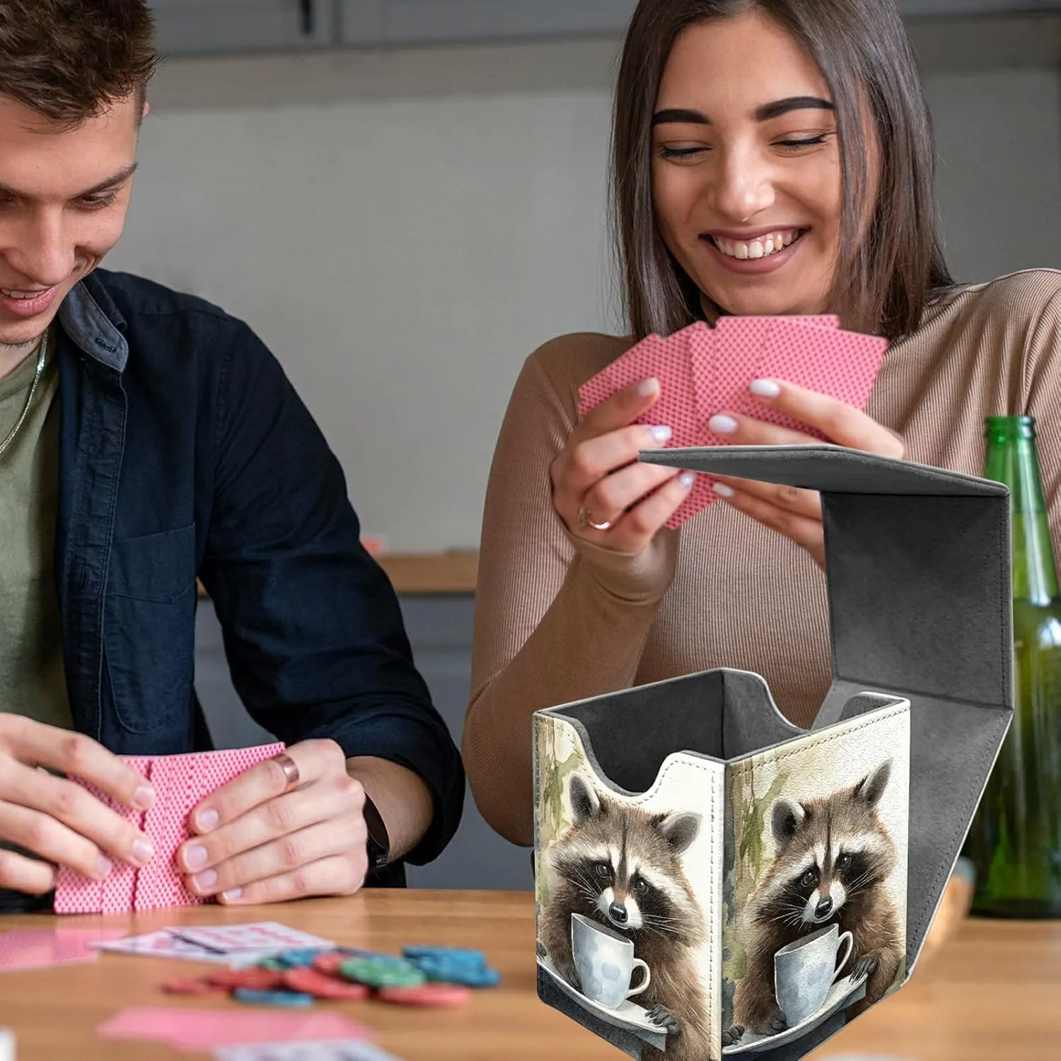 Raccoon Card Deck Box, MTG Commander Deck Box Card Deck Case for Trading Cards, 100  Sleeved Cards with PU Leather Magnetic Card Storage Box for TCG CCG Magic Cards