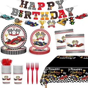 Race Car Birthday Party Supplies Tableware Set, Red & Black Race Car Pattern, Includes Plates, Napkins, Cups, Forks, Tablecloth, Banners for 24 Guests