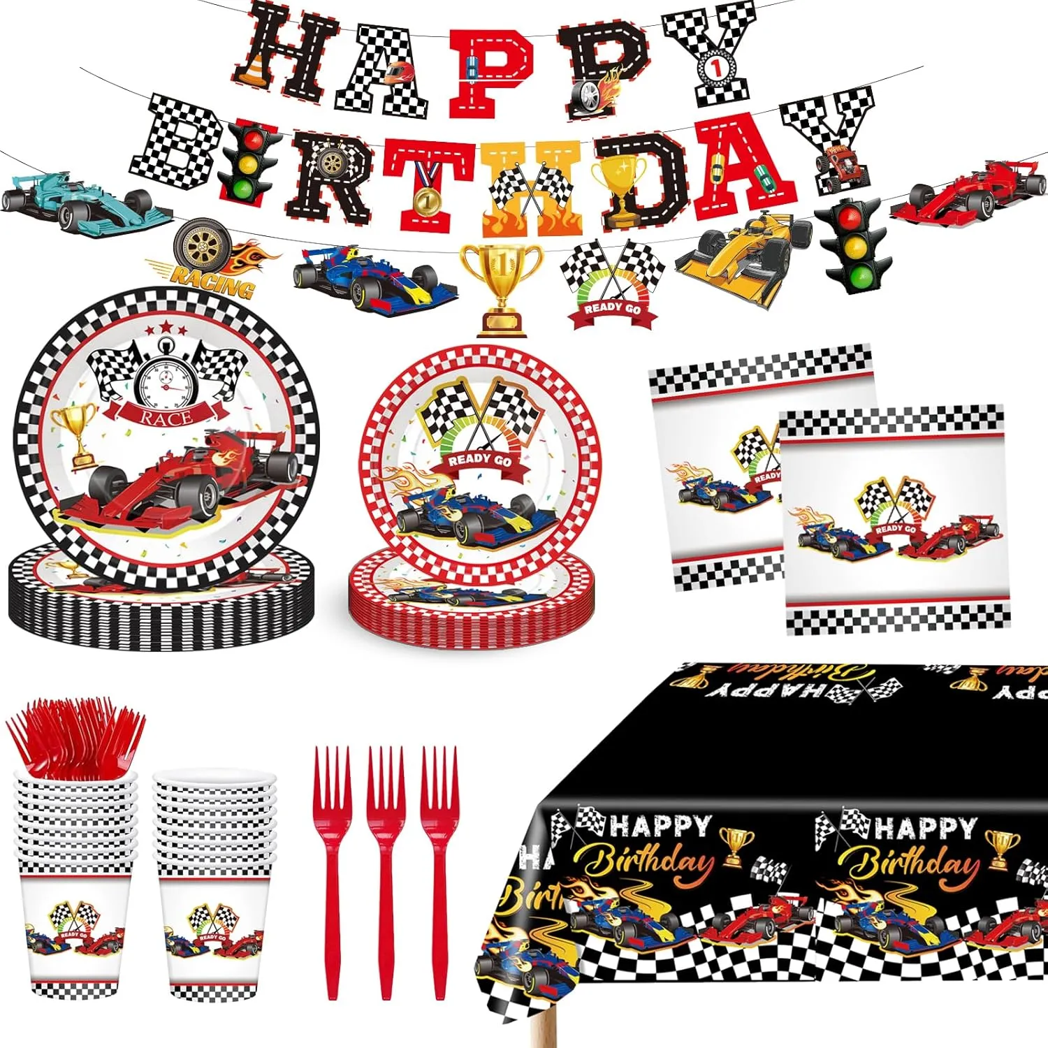 Race Car Birthday Party Supplies Tableware Set, Red & Black Race Car Pattern, Includes Plates, Napkins, Cups, Forks, Tablecloth, Banners for 24 Guests